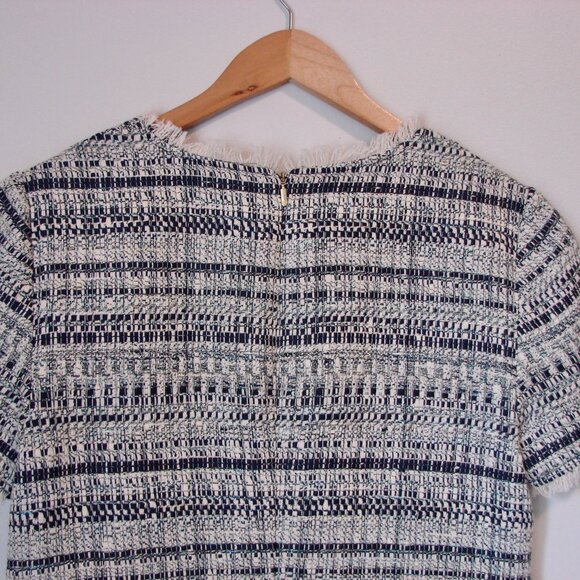 Trina Turk Tweed Midi Dress Navy White Shift V-neck Fringe Business Office 8 - Picture 13 of 16